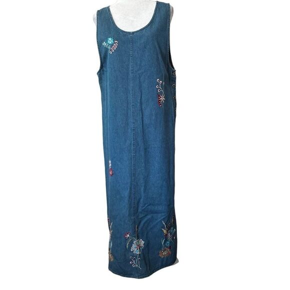Agapo Y2K Denim Maxi Sleeveless Jumper 100% Cotton Dress Embroidered Floral SZ L - Picture 1 of 13